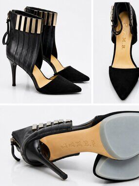 L.A.M.B. Black Leather Pointed Toe Stiletto Heels Size 7.5 New